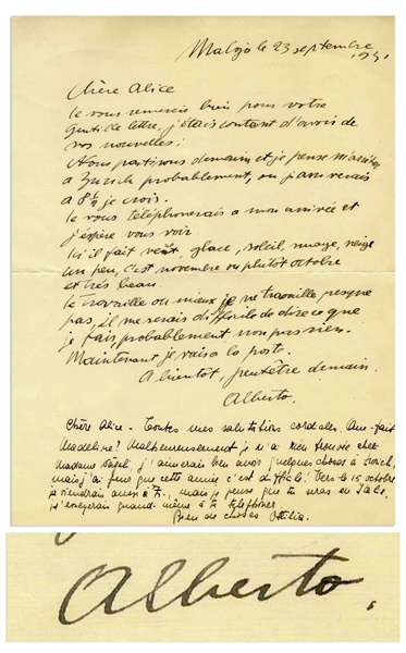 Alberto Giacometti Autograph Letter Signed From 1931 -- ''...I'm working, or rather, I'm hardly working at all, it would be difficult for me to say what I'm doing, but probably not nothing...''
